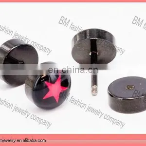 Anodized Titanium Black Fake Earrings Ear Plugs Jewelry Body Piercing With Red Star Logo thumbnail-1