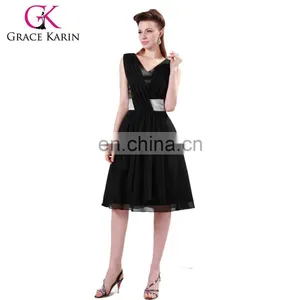 2015 Grace Karin V-Neck Sleeveless Chiffon Knee Length Black Evening Party Dresses CL4361 thumbnail-1