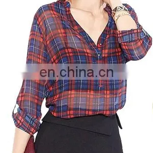 Top Grade Women Casual Blouse Designs/plaid Shirt thumbnail-3