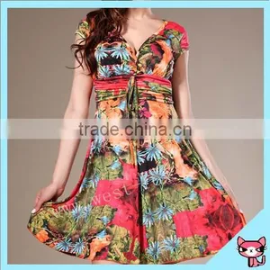 V Neck Flower Printed Fabric Patterns Lady Dress thumbnail-1