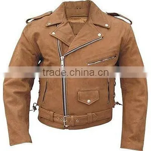 Mens Brown Leather Motorcycle Jacket With Side Laces thumbnail-1