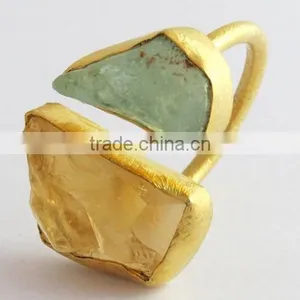 Rough Stone Aquamarine & Ctrine !! 925 Sterling Silver Gold Plated Ring, Silver Jewelry, 925 Silver Jewelry thumbnail-3