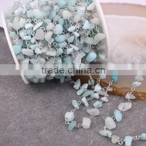 Blue Aquamarine Chip Beads Link Rosary Chains, Brass Silver Plated Wire Wrapped Chain thumbnail-5