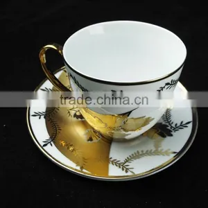 Fine China Electric Porcelain Tea Cup and Saucer Set Golden Printing Cup and Saucer Cheap thumbnail-1