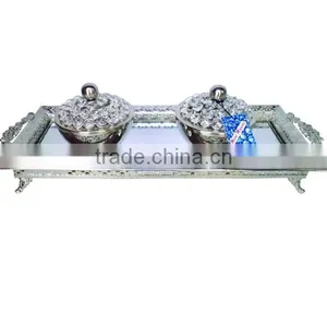 Silver Crystal Beads Decorated Dry Fruit Bowl Set With Serving Tray, Salad Bowl Set thumbnail-1