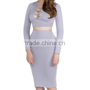 Womens Sexy Crop Top Long Skirt Two Piece Black Club Dress Bodycon Bandage Dress thumbnail-3