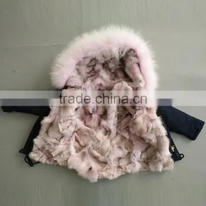 Myfur Cute Girls Pink Raccoon Fur Hooded Fox Fur Lining Cotton Waterproof Parka Jackets for Kids thumbnail-4