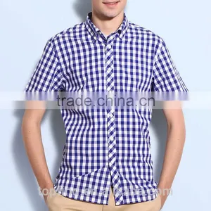 Plaid Young Style Deep Blue Short Sleeve Summer Collar Button Men Casual Shirt thumbnail-1