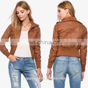 New Fashion Ribbed Knit Trim 100% PU Leather Bomber Jacket for Women thumbnail-1