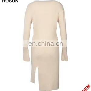 Ladies Cream Bottom Sleeves Cuffs Split Ruffle Dress Sweater thumbnail-2