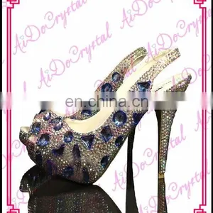 Aidocrystal Handmade Shining Blue Crystal Diamond Peep Toe Euro-size Slingback Shoes thumbnail-1