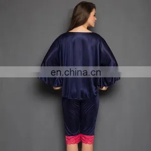 2 Pcs Satin Nightwear Set in Navy & Pink - Kaftan Top & Pyjama thumbnail-3