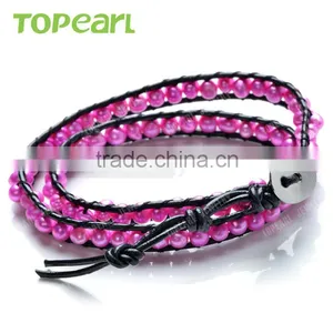 Topearl Jewelry 2016 Popular Potato Shape Rosy Freshwater Pearl Bracelet Woven Leather Wrap New Models Bracelets CLL163 thumbnail-2