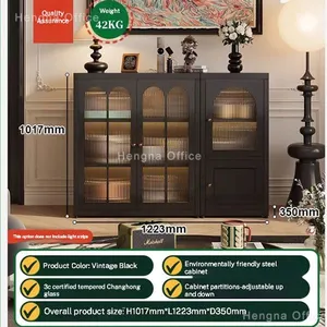 Vintage Black Steel Sideboard With Arched Fluted Glass | Powder Coating & Cold Rolled Steel Storage Cabinet | for Australia Market thumbnail-4