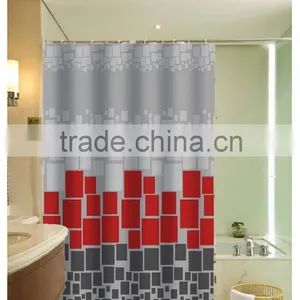 Red and Gray Blocks Printed 100% Polyester Shower Curtain for Hotel, Family, Waterproof Bath Curtain thumbnail-1