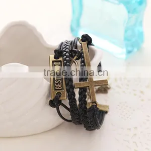 2015 China Handmake Antique Vintage Gold Cross Best Friend Infinity Charm Braided Leather Bracelet thumbnail-3