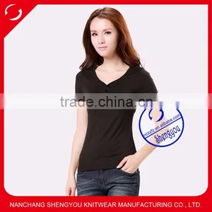Custom 100 Viscose V-neck t Shirt Women Wholesale thumbnail-1
