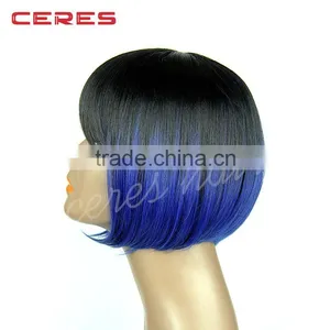 Short Hair Wig Straight Black Root Blue Ombre Synthetic Bob Lace Front Wigs for Women thumbnail-1