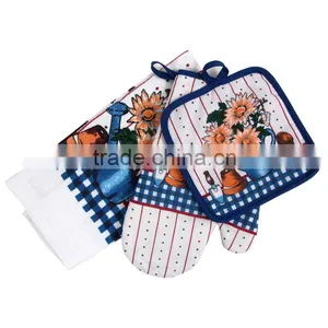 Silk Screen Pigment Printing 3 Pcs Cotton Kitchen Set Kitchen Textile Wholesale Oven Mitten & Pot Holder thumbnail-1
