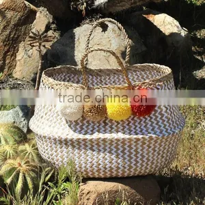 Pompom Beach Bag/Pompom Bag, White Zigzag Belly Basket With Pompom thumbnail-1