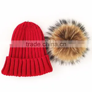 Myfur Lady Fashion Real Raccoon Fur Pompom Striped Knit Hat Wholesale thumbnail-3