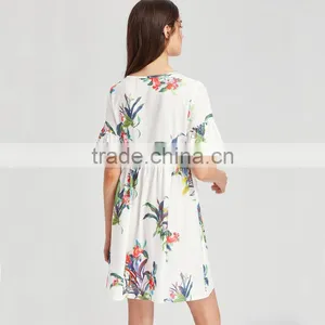WHITE Flower Designed Short Dress, Women Chiffon Short Sleeve Dress thumbnail-2
