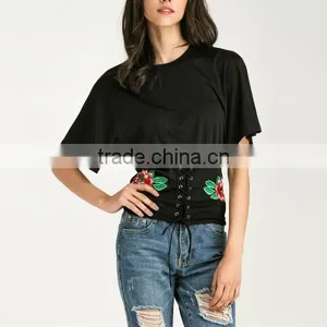 2017 Cotton Lace Up Women Short Sleeve T-Shirts thumbnail-1
