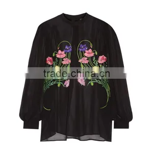 New Model Embroidery Patch Back Neck Elegant Design Long Sleeve New Women Blouses Design Chiffon Blouse thumbnail-3