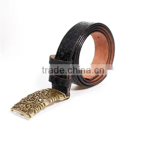Cowhide Leather Belt Waistband Rectangle Antique Bronze Black Flower Leaves Carved thumbnail-1