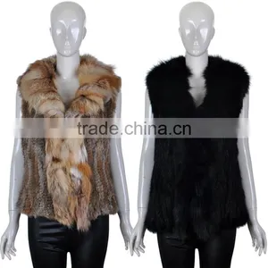 YR263 Real Rabbit Fur Hand Knit Fur Vest With Fox Fur Collar thumbnail-2