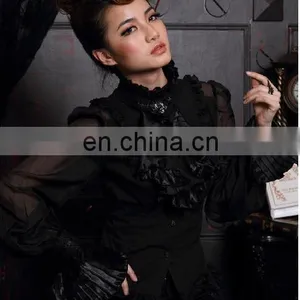 Gothic Ruffled High Neck Shirt With Puffed Sleeves and Jabot With Brooch thumbnail-6