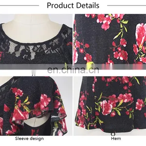 One Piece Two Color Floral Lurex Mesh Print Irregular Sleeve Casual Blouse for Middle Age Woman thumbnail-6