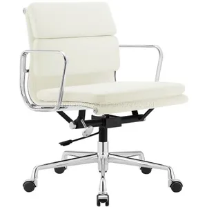 Soft Pad Chair EA 208 Eames Office Chair With Wheels 5 Castors in Genuine Leather Grey Eames Style Office Chair thumbnail-2