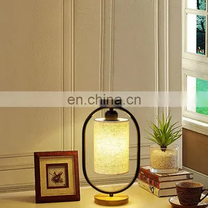 Tonghua New Linen Shade Metal Frame Round Wood Base Modern LED Edison Bulb Table Lamp Bedside Desk Light thumbnail-4