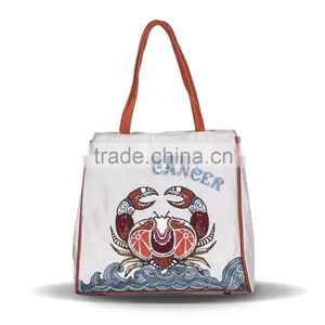 Constellation Series Embroidery And Printed Cotton Leo Women Shopping Shoulder Bag thumbnail-1