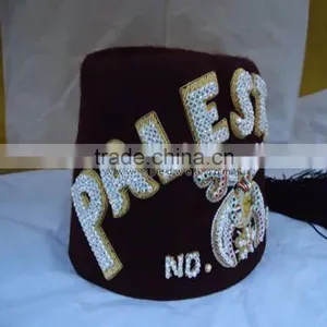 Bullion Fez | Rhinestones Embroidery Fez Hat | Hand Embroidery Bullion Wire Fez in Burgundy Color 3 Row thumbnail-1