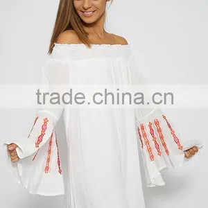 Hot-selling Off Shoulder Butterfly Sleeve Embroidered Stitch Tunic Dress thumbnail-3