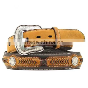 Western Cowboy's Black & Brown Belt With Scalloped Leather Laced Concho Belt thumbnail-1