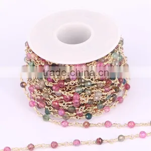 Colorful Round Stone Wire Wrapped Beaded Rosary Chain Natural Agate Stone Jewelry Chain for Handmade DIY Making thumbnail-1