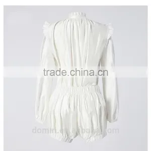 Fashion Design Ruffle Neckline Long Sleeve Blouse Top And Short 2pcs Co-ord Set thumbnail-2