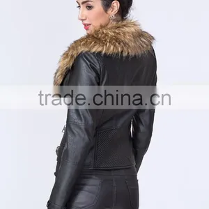 New Fashion Clothing Manufacturers Petite Women Biker Jacket With Fur Collar thumbnail-4