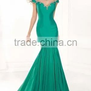 Green Satin Beaded Sweetheart Neckline Sample Design Short Sleeve Dress thumbnail-1