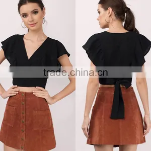 2017 Latest Fashion Design Lady Clothing Summer Black Ruffle Sleeve Top thumbnail-1