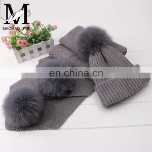 Winter Wool Knitted Beanies Scarf Fox Fur Pompom Knitted Hat Wool thumbnail-5