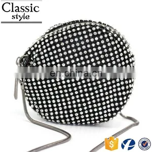 CR More Than 80% Customer Repeat Order Shining Diamond Surface Long Chain Round Shaped Black Zipper New Fashion Mini Coin Purse thumbnail-1