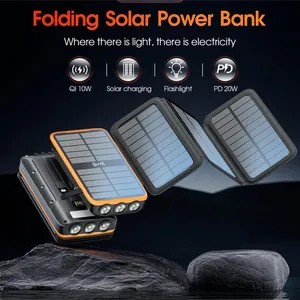 Portable Folding Solar Power Bank 20000mAh With Built-in Three Wire 10W Ultra Large Capacity Wireless Fast Charging Mobile Power Supply thumbnail-1