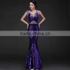 Women's New Purple V-Neck Solid Lace Floor-Length Evening Dress thumbnail-1