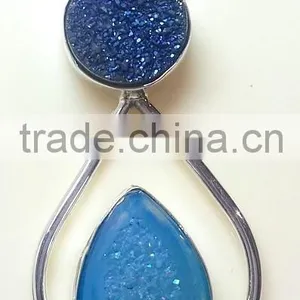 Blue Coated Druzy Gemstone Two Stone Pendant, 925 Sterling Silver Semi Gemstone Pendant, Rough Gemstone Pendant thumbnail-1