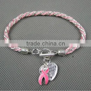 2015 New Pink Ribbon Breast Cancer Awareness Toggle Cross Cord Charm Bracelet With Silver-plated Heart thumbnail-1