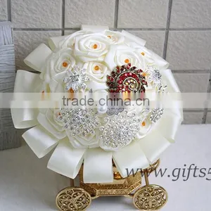Amazing Wedding Bouquet With Rhinestones Beadings Pearls and Glaring Jewels Satin Ribbon Bow Knot thumbnail-4